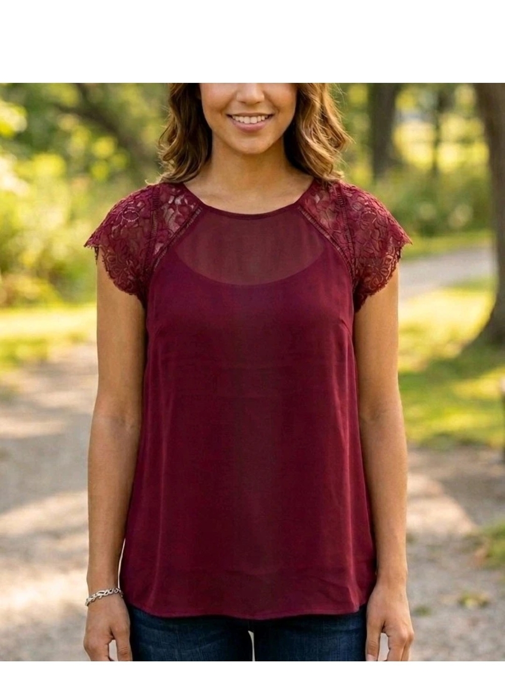 White House Black Market Burgundy Lace Silk Sleeveless Blouse Size Medium